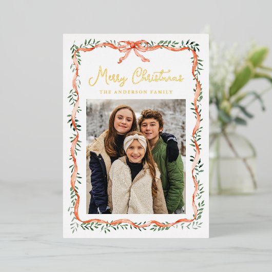 Elegant rood lint en groen 2 foto folie feestdagenkaart (Staand Voorkant)
