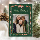 Elegant rood lint en groen 2 foto folie feestdagenkaart