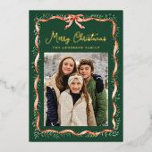 Elegant rood lint en groen 2 foto folie feestdagenkaart (Voorkant)
