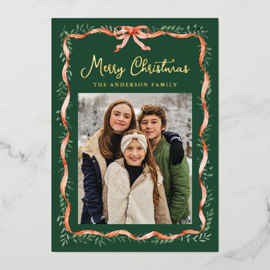 Elegant rood lint en groen 2 foto folie feestdagenkaart (Voorkant)