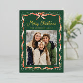 Elegant rood lint en groen 2 foto folie feestdagenkaart (Staand Voorkant)