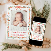 Elegant rood lint en groen Foto Geboorte Aankondiging