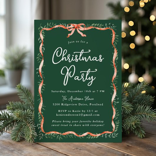 Elegant rood lint en groen kerstfeest kaart