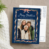 Elegant rood lint en groen Navy 2 foto Feestdagenkaart