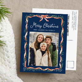 Elegant rood lint en groen Navy 2 foto Feestdagenkaart