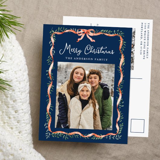 Elegant rood lint en groen Navy 2 foto Feestdagenkaart