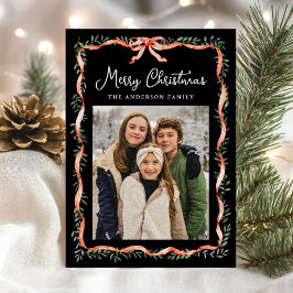 Elegant rood lint en groen zwart 2 foto feestdagenkaart