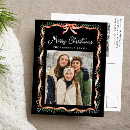 Elegant rood lint en groen zwart 2 foto feestdagenkaart