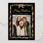 Elegant rood lint en groen zwart 2 foto folie feestdagenkaart (Voorkant)