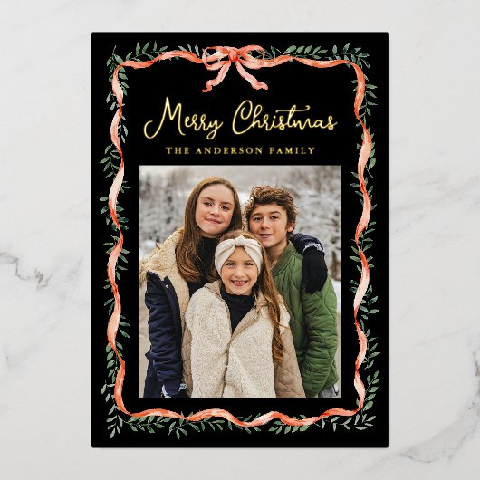 Elegant rood lint en groen zwart 2 foto folie feestdagenkaart (Voorkant)