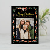 Elegant rood lint en groen zwart 2 foto folie feestdagenkaart (Staand Voorkant)