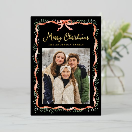Elegant rood lint en groen zwart 2 foto folie feestdagenkaart (Staand Voorkant)