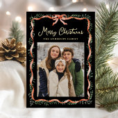 Elegant rood lint en groen zwart 2 foto folie feestdagenkaart