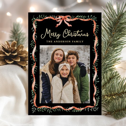 Elegant rood lint en groen zwart 2 foto folie feestdagenkaart