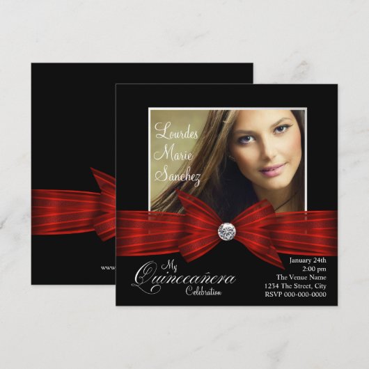 Elegant rood lint zwart rood foto Quinceanera Kaart (Voorkant / Achterkant)