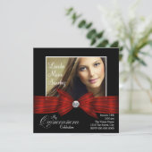 Elegant rood lint zwart rood foto Quinceanera Kaart (Staand voorkant)