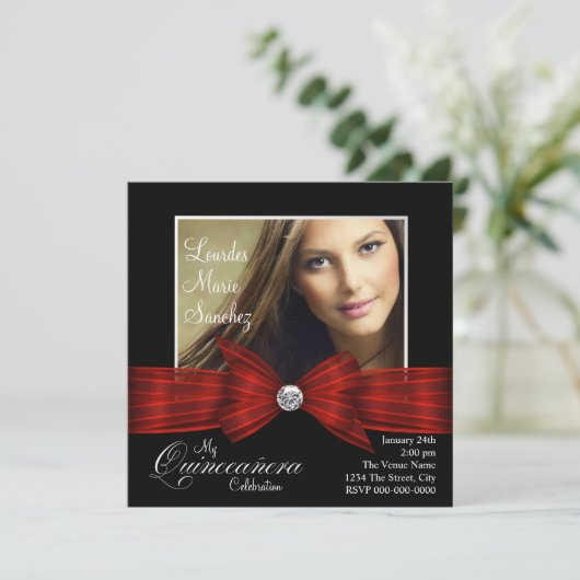 Elegant rood lint zwart rood foto Quinceanera Kaart (Staand voorkant)