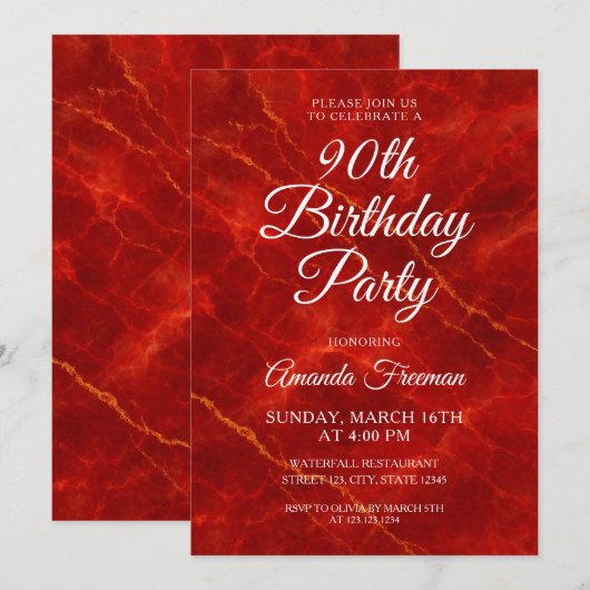 Elegant rood marmer 90ste verjaardag kaart (Voorkant / Achterkant)