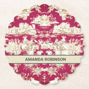 Elegant rood meer toile de jouy monogram kartonnen onderzetters