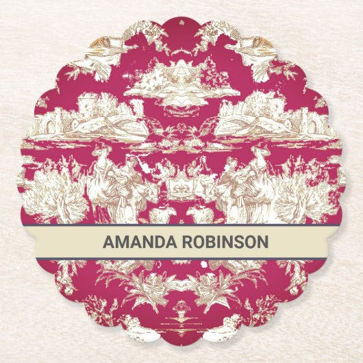 Elegant rood meer toile de jouy monogram kartonnen onderzetters (Voorkant)