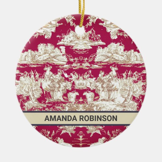 Elegant  rood meer toile de jouy monogram keramisch ornament (Voorkant)