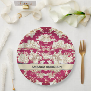 Elegant  rood meer toile de jouy monogram papieren bordje