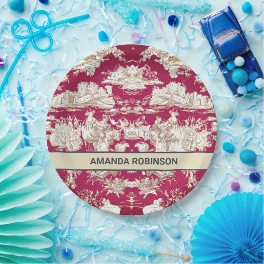 Elegant rood meer toile de jouy monogram papieren bordje (Feest)