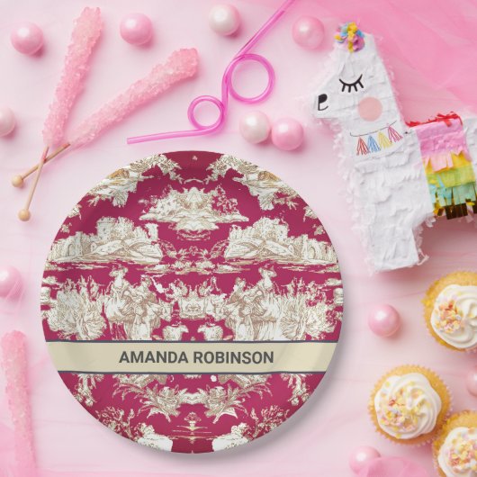 Elegant  rood meer toile de jouy monogram papieren bordje (Feest)