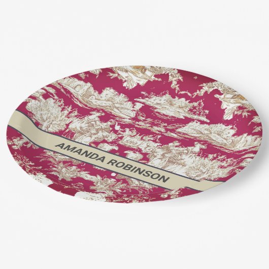 Elegant  rood meer toile de jouy monogram papieren bordje (Gekanteld)
