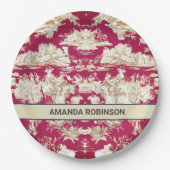 Elegant  rood meer toile de jouy monogram papieren bordje (Voorkant)
