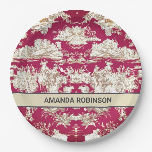 Elegant  rood meer toile de jouy monogram papieren bordje (Voorkant)