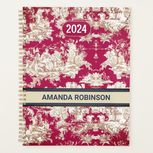 Elegant rood meer toile de jouy monogram planner (Voorkant)