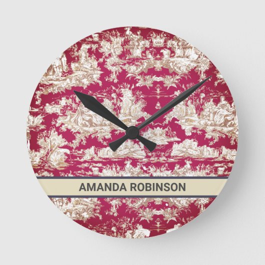 Elegant rood meer toile de jouy monogram ronde klok (Voorkant)