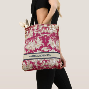 Elegant rood meer toile de jouy monogram tote bag