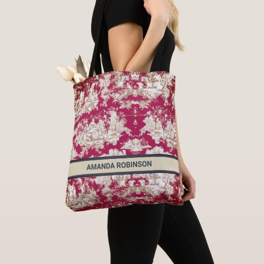 Elegant rood meer toile de jouy monogram tote bag (Dichtbij)