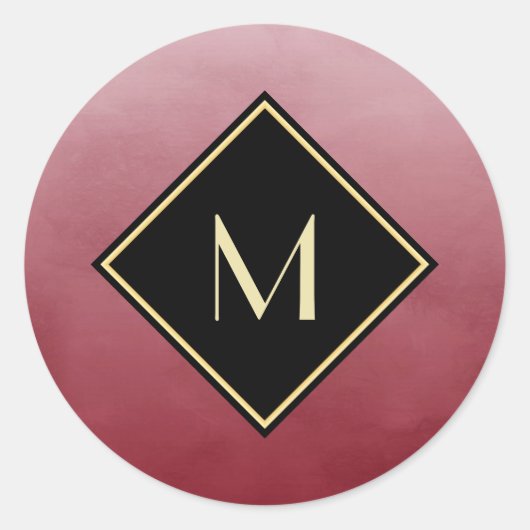 Elegant rood met eenvoudig goudmonogram ronde sticker (Voorkant)