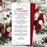 Elegant rood met zilveren wervelingen op witte bru menu<br><div class="desc">Dit prachtige menu zal wat stijl toevoegen aan uw huwelijksreceptie. Het heeft een prachtig ontwerp met zilvergrijze faux folie krullen en wervelingen op een klassieke witte achtergrond, met karmozijnrode gekleurde tekst en een gemarmerde achterkant. Er is ruimte voor de namen van het paar en de trouwdatum, en de tekst is...</div>