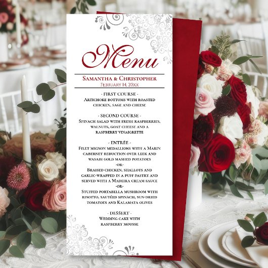 Elegant rood met zilveren wervelingen op witte bru menu