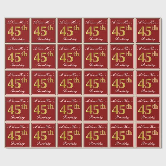 Elegant, Rood, Nep Goud 45e Verjaardag; Aangepaste Cadeaupapier (Vlak)