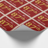 Elegant, Rood, Nep Goud 87e Verjaardag; Aangepaste Cadeaupapier (Hoek)
