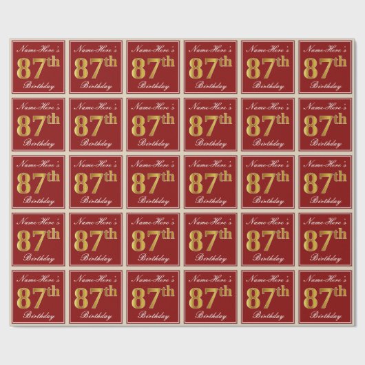 Elegant, Rood, Nep Goud 87e Verjaardag; Aangepaste Cadeaupapier (Vlak)