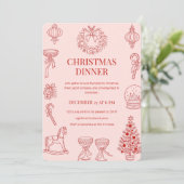 Elegant rood op blush roze kerstdiner kaart (Staand voorkant)