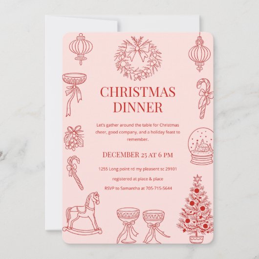 Elegant rood op blush roze kerstdiner kaart (Voorkant)