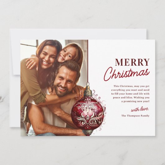 Elegant rood Ornament foto kerst Feestdagenkaart (Voorkant)