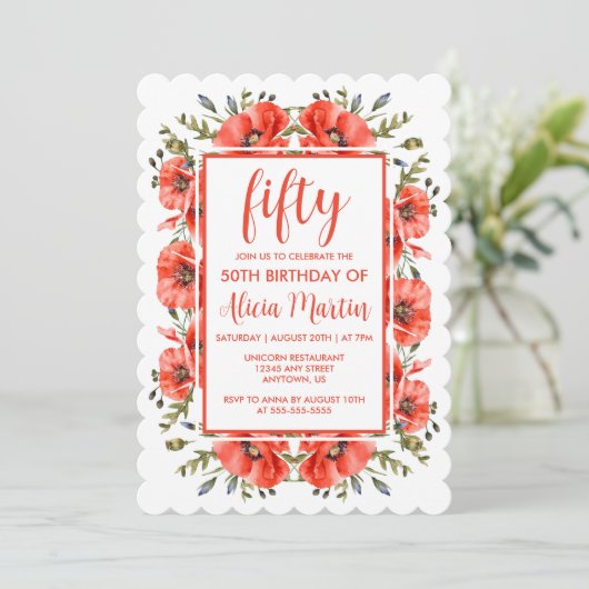 Elegant rood papavergroen Vijftig Verjaardag Kaart (Staand voorkant)