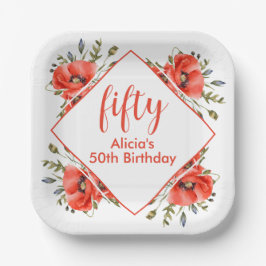 Elegant rood papavergroen Vijftig Verjaardag Papieren Bordje