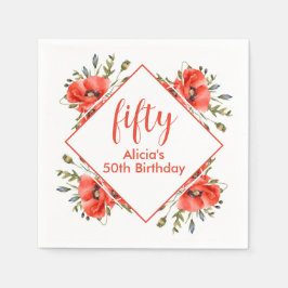 Elegant rood papavergroen Vijftig Verjaardag Servet