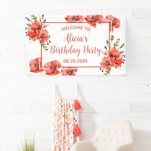 Elegant rood papavergroen Vijftig Verjaardag Spandoek (Insitu)