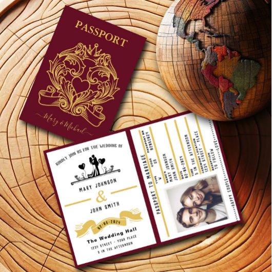 Elegant rood paspoort stijl bruiloft uitnodiging