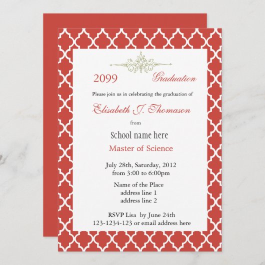 Elegant rood quatrefolie afstuderen kaart (Voorkant / Achterkant)